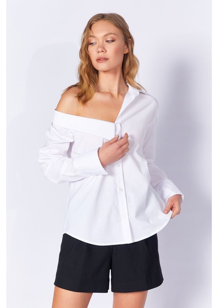 Beyaz Asimetrik Poplin Likralı Gömlek | MKS169256-01