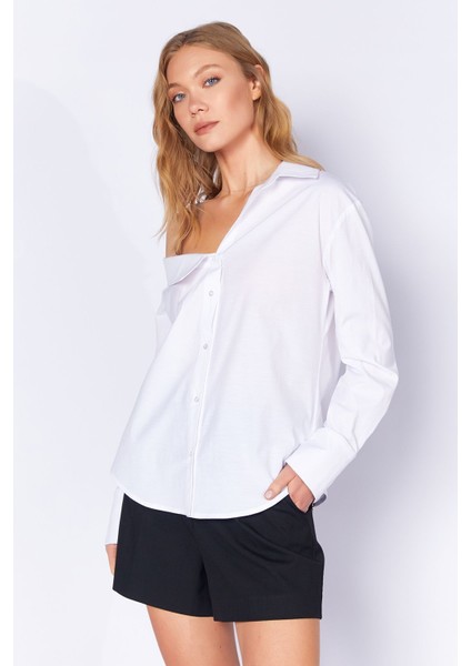Beyaz Asimetrik Poplin Likralı Gömlek | MKS169256-01 fiyatları