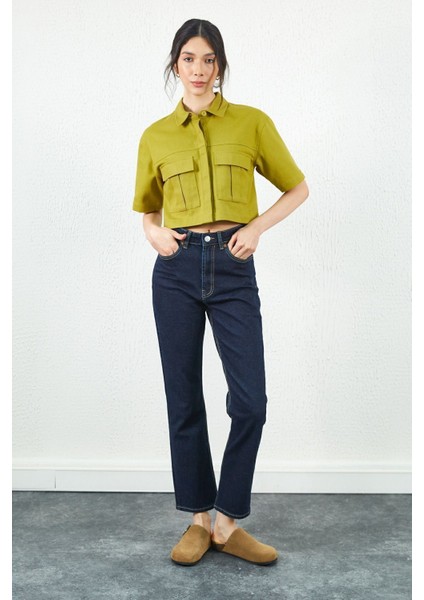 Olive Crop Gabardin Ön Cep Detaylı Gömlek