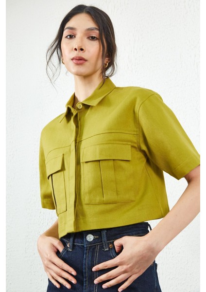 Olive Crop Gabardin Ön Cep Detaylı Gömlek