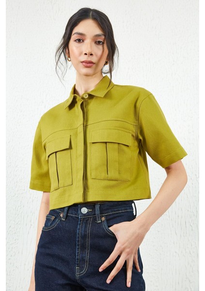 Olive Crop Gabardin Ön Cep Detaylı Gömlek modelleri