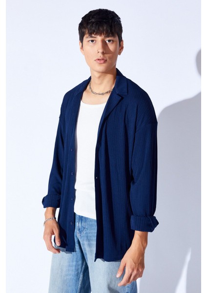 Oversize Örme Jakarlı Kalın Dokulu Apaç Yaka Uzun Kol Erkek Gömlek | Lacivert MANN199990-1 fiyatları