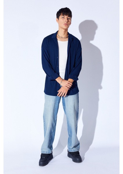 Oversize Örme Jakarlı Kalın Dokulu Apaç Yaka Uzun Kol Erkek Gömlek | Lacivert MANN199990-1 modelleri