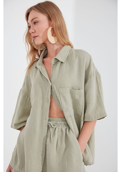 Müslin Kadın Oversize Gömlek | Olive MKS166965-01