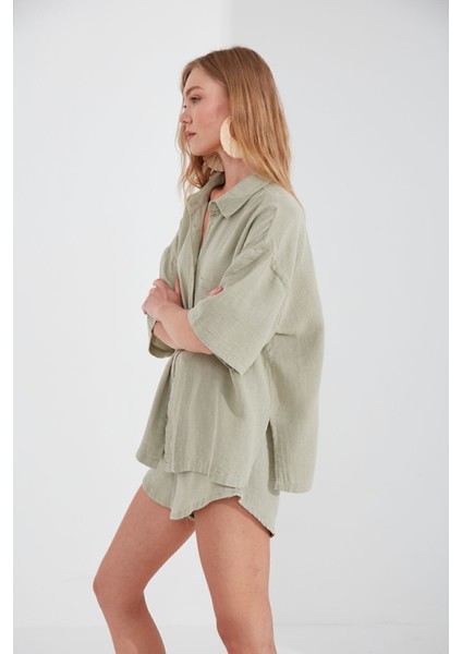 Müslin Kadın Oversize Gömlek | Olive MKS166965-01