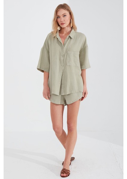 Müslin Kadın Oversize Gömlek | Olive MKS166965-01