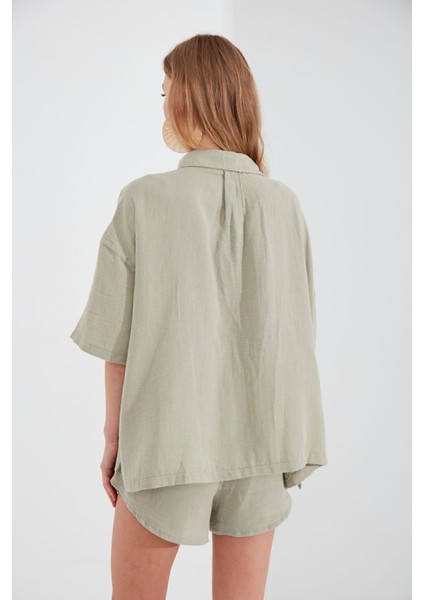 Müslin Kadın Oversize Gömlek | Olive MKS166965-01