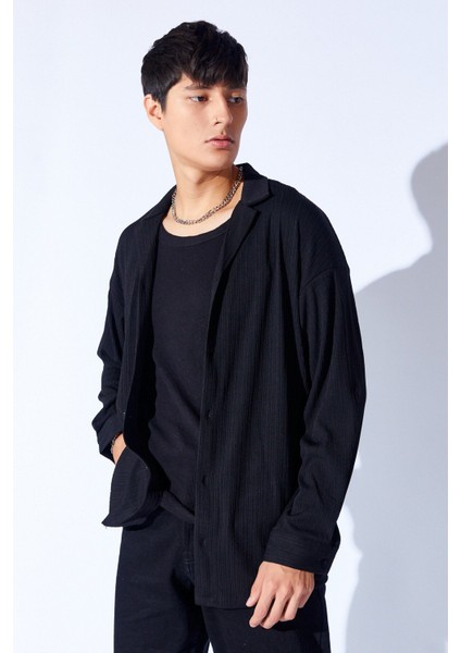 Oversize Örme Jakarlı Kalın Dokulu Apaç Yaka Uzun Kol Erkek Gömlek | Siyah MANN199990-1