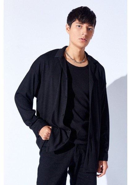 Oversize Örme Jakarlı Kalın Dokulu Apaç Yaka Uzun Kol Erkek Gömlek | Siyah MANN199990-1 fiyatları