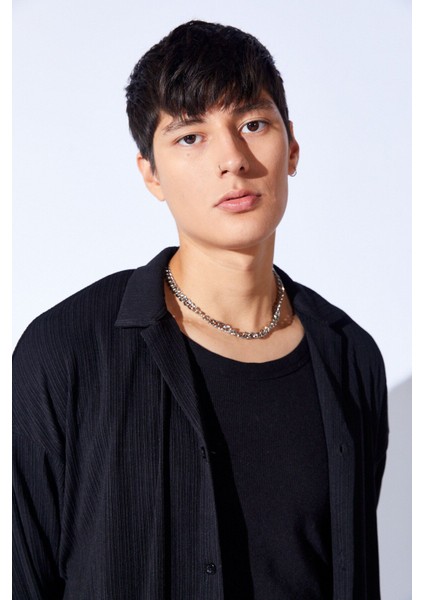 Oversize Örme Jakarlı Kalın Dokulu Apaç Yaka Uzun Kol Erkek Gömlek | Siyah MANN199990-1 fırsatları