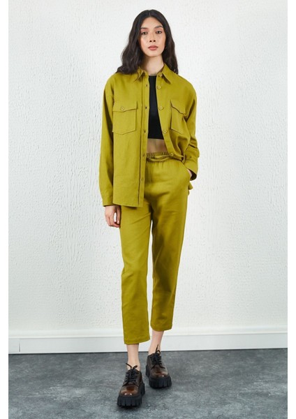 Olive Gabardin Ön Cep Detaylı Gömlek