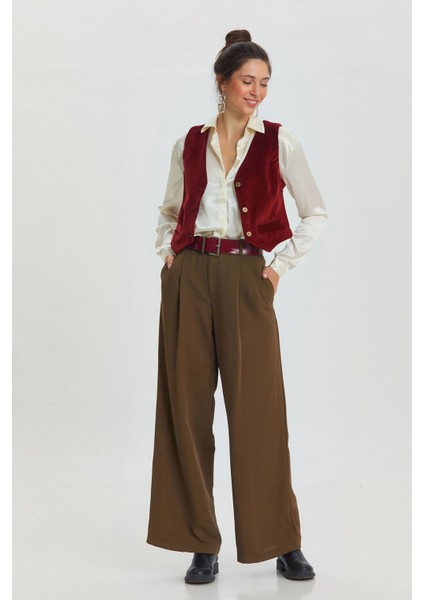 Pilili Yüksek Bel Kumaş Pantolon Haki modelleri