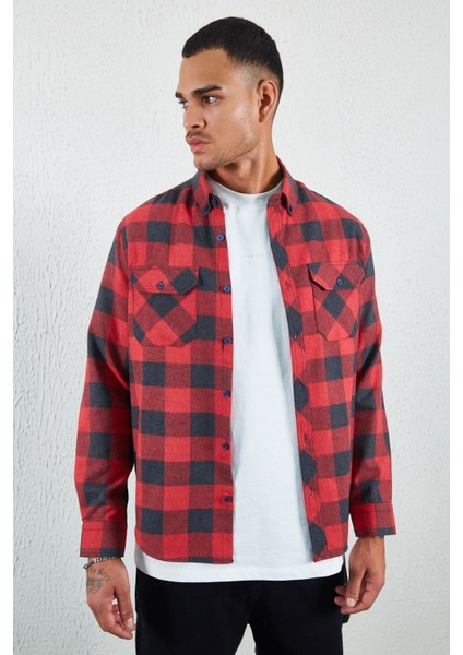Kırmızı Flanel Çift Cep Kapaklı Erkek Gömlek Kırmızı fiyatları