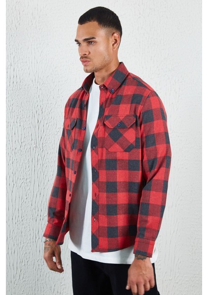 Kırmızı Flanel Çift Cep Kapaklı Erkek Gömlek Kırmızı modelleri