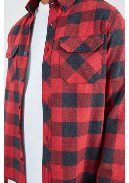 Kırmızı Flanel Çift Cep Kapaklı Erkek Gömlek Kırmızı fırsatları