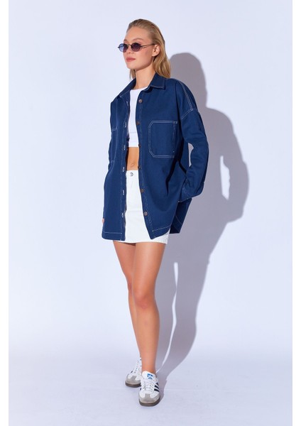 Gabardin Yıkamalı Dikiş Detaylı Çift Cep Oversize Kadın Dış Gömlek | Lacivert Mkw169415-01