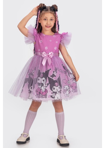 Kuromi ve My Melody Desenli Tüllü Kız Çocuk Parti Elbisesi