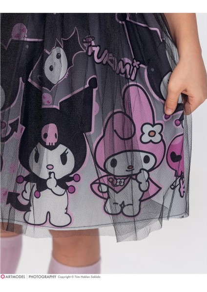Kuromi ve My Melody Desenli Siyah Tüllü Kız Çocuk Parti Elbisesi modelleri