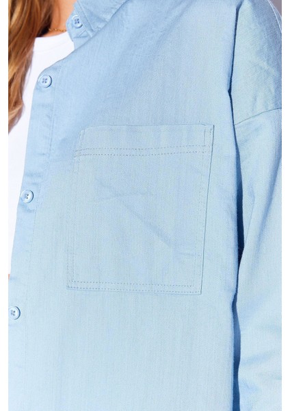 Mavi Oversize Tek Cepli Gabardin Rahat Kesim Soft Dokulu Pamuk Kadın Gömlek | MKW168174-01 fırsatları