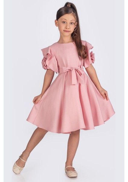 Kloş Etekli Gül Detaylı Kısa Kollu Kız Çocuk Elbisesi
