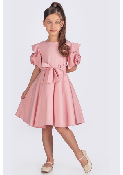 Kloş Etekli Gül Detaylı Kısa Kollu Kız Çocuk Elbisesi indirimleri