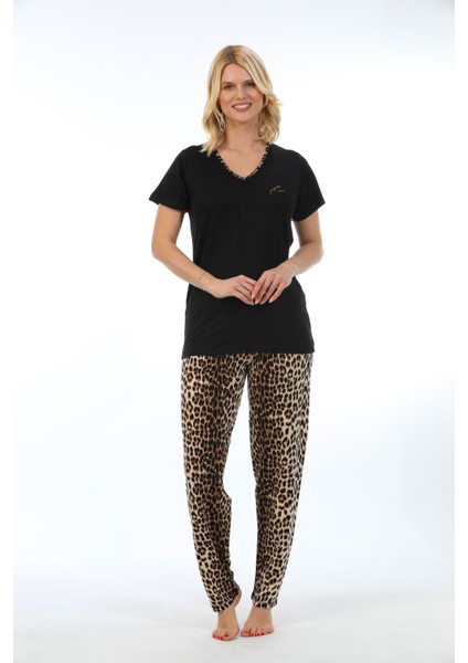 Bambu, Esnek Kumaş, Leopar Desenli, Kısa Kol Kadın Pijama Takımı