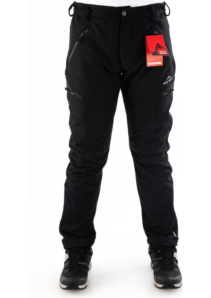 Erkek Siyah Su İtici Rüzgar Geçirmez Outdoor Kışlık Softshell Paça Fermuarsız Pantolon