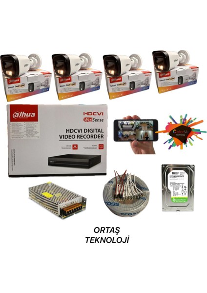 4 Kameralı Gece Renkli Güvenlik Kamera Sistemi 2 MP 1080p HD 1 TB HDD ile