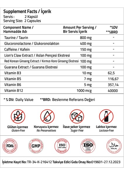 Taurine Glucoronolactone Lion's Claw Extract Guarana Extract 60 Capsules modelleri