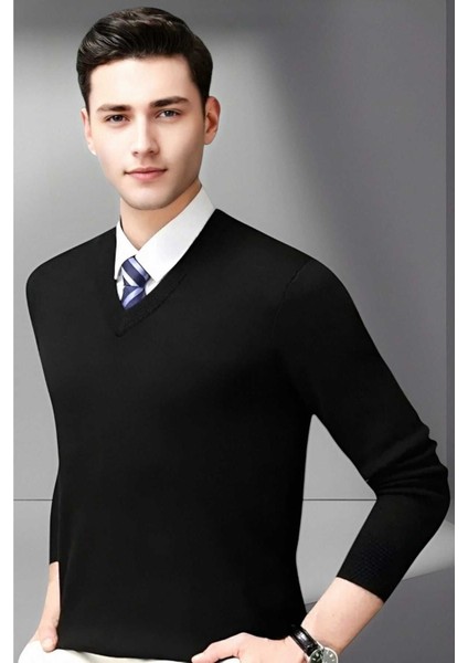 Erkek V Yaka Uzun Kol Triko Tüylenmez Süveter Erkek Slim Fit Süveter modelleri