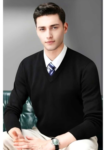 Erkek V Yaka Uzun Kol Triko Tüylenmez Süveter Erkek Slim Fit Süveter fırsatları
