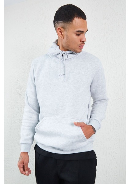 Kapüşonlu Basic Minimal Baskılı Sweat Kar Melanj