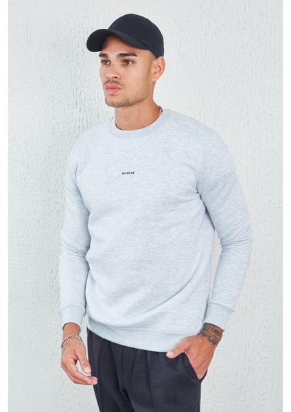 Bisiklet Yaka Basic Minimal Baskılı Sweat Kar Melanj