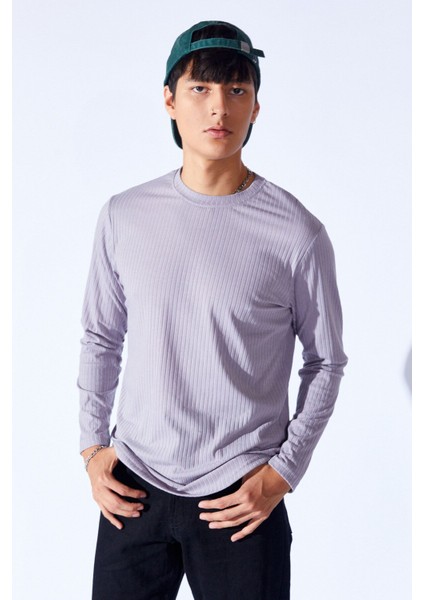 Bisiklet Yaka Jakarlı Dokulu Kumaş Slim Fit Basic Uzun Kol Erkek Tshirt | Gri MANW229956-1