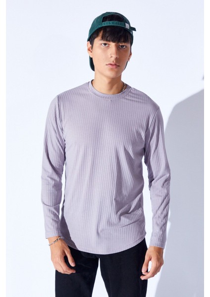 Bisiklet Yaka Jakarlı Dokulu Kumaş Slim Fit Basic Uzun Kol Erkek Tshirt | Gri MANW229956-1
