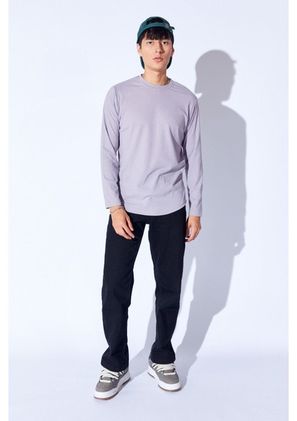 Bisiklet Yaka Jakarlı Dokulu Kumaş Slim Fit Basic Uzun Kol Erkek Tshirt | Gri MANW229956-1