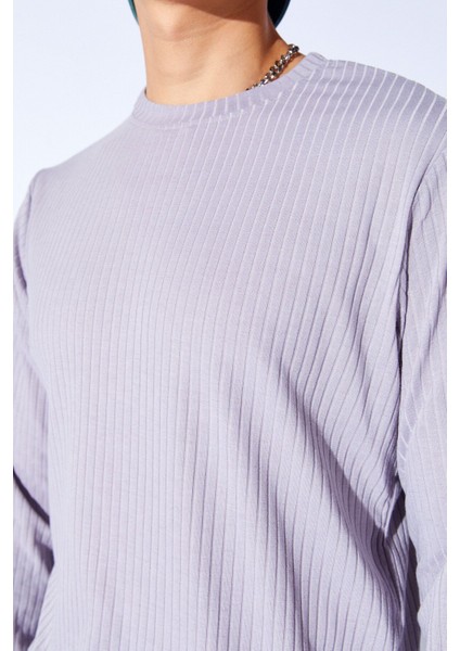 Bisiklet Yaka Jakarlı Dokulu Kumaş Slim Fit Basic Uzun Kol Erkek Tshirt | Gri MANW229956-1