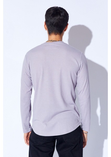 Bisiklet Yaka Jakarlı Dokulu Kumaş Slim Fit Basic Uzun Kol Erkek Tshirt | Gri MANW229956-1