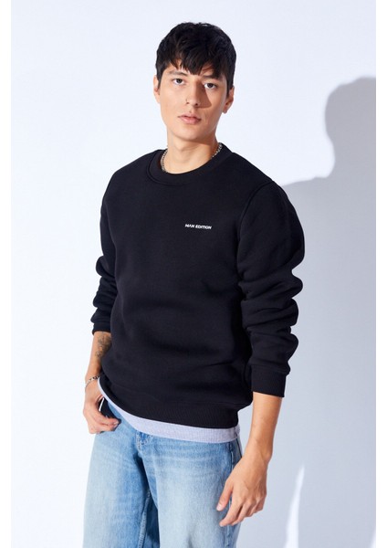 Üç Iplik Şardonlu Lüx Kalite Penye Bisiklet Yaka Erkek Sweatshirt | Siyah MANW229914-1 fiyatları