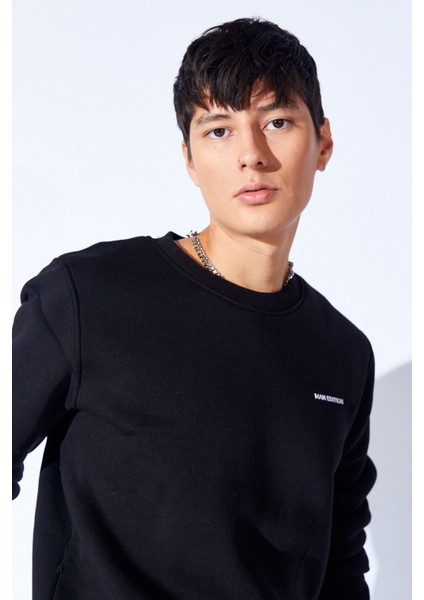 Üç Iplik Şardonlu Lüx Kalite Penye Bisiklet Yaka Erkek Sweatshirt | Siyah MANW229914-1 fırsatları