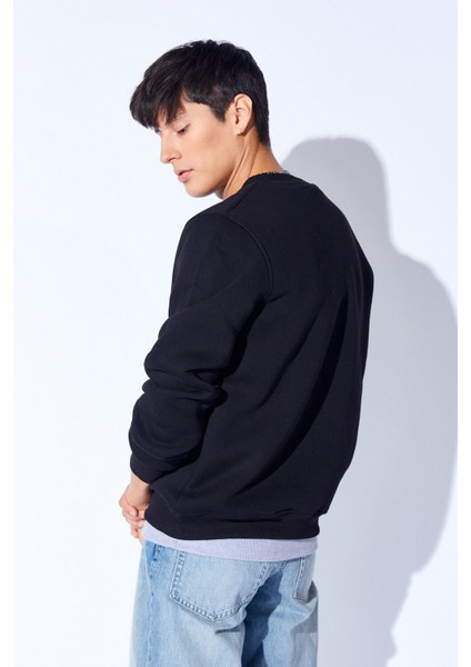 Üç Iplik Şardonlu Lüx Kalite Penye Bisiklet Yaka Erkek Sweatshirt | Siyah MANW229914-1 indirimleri