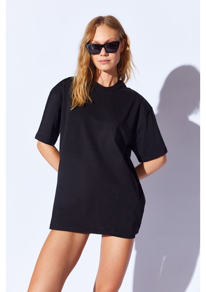 Siyah Kalın Soft Dokulu Enjeksiyon Minimal Baskı Detaylı Oversize %100 Pamuk Unisex T-Shirt | 5397