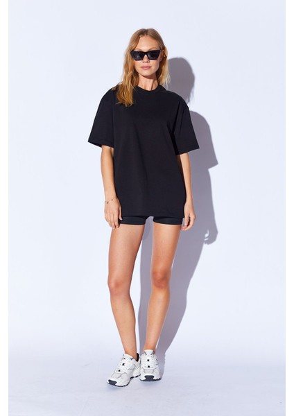 Siyah Kalın Soft Dokulu Enjeksiyon Minimal Baskı Detaylı Oversize %100 Pamuk Unisex T-Shirt | 5397