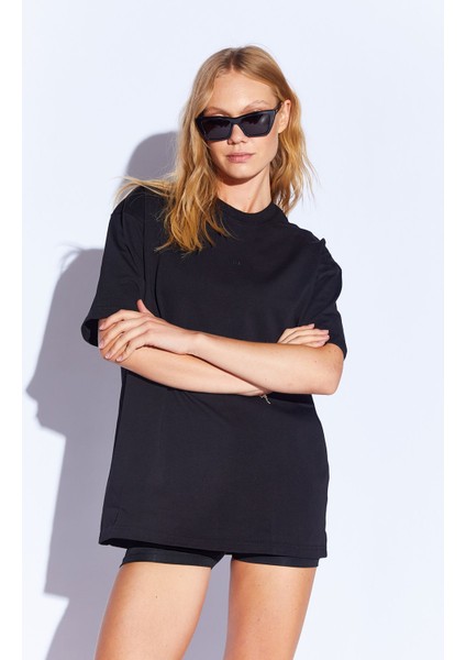 Siyah Kalın Soft Dokulu Enjeksiyon Minimal Baskı Detaylı Oversize %100 Pamuk Unisex T-Shirt | 5397