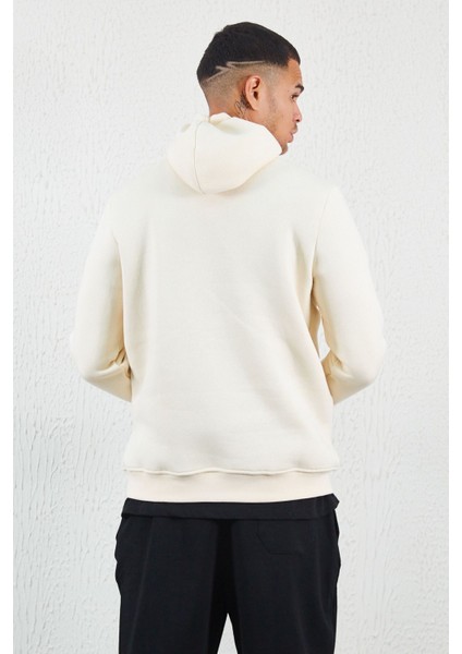 Kapüşonlu Basic Minimal Baskılı Sweat Ekru