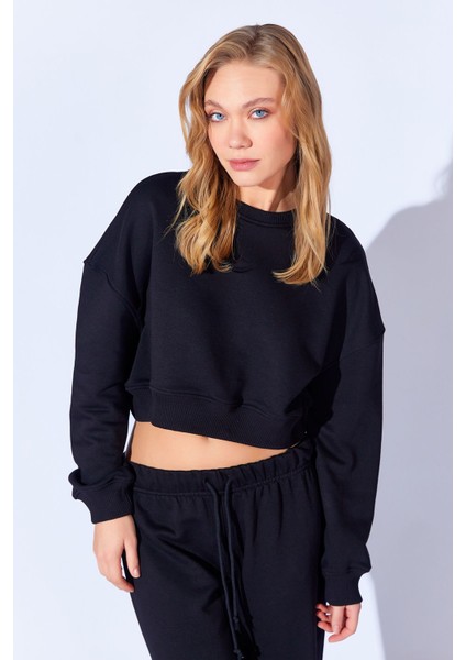 Yüksek Crop Lüx Üç Iplik Ağır Ribanalı Uzun Kol Kadın Sweatshirt | Siyah MKW279401-01 fiyatları