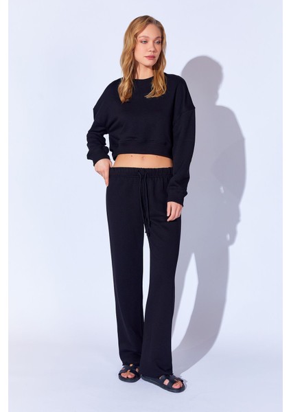 Yüksek Crop Lüx Üç Iplik Ağır Ribanalı Uzun Kol Kadın Sweatshirt | Siyah MKW279401-01 modelleri