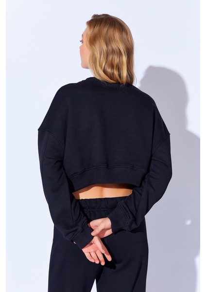 Yüksek Crop Lüx Üç Iplik Ağır Ribanalı Uzun Kol Kadın Sweatshirt | Siyah MKW279401-01 indirimleri