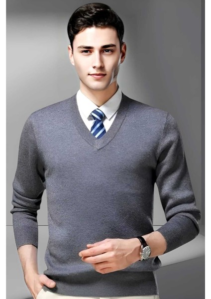 Erkek V Yaka Uzun Kol Triko Tüylenmez Süveter Erkek Slim Fit Süveter modelleri
