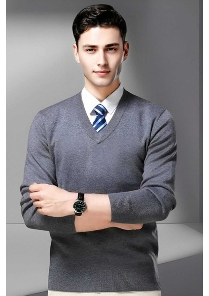 Erkek V Yaka Uzun Kol Triko Tüylenmez Süveter Erkek Slim Fit Süveter indirimleri
